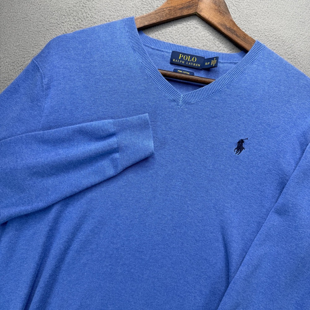 Polo Ralph Lauren Pima Cotton V-Neck Sweater S Blue Knit Pullover Pony Logo Prep